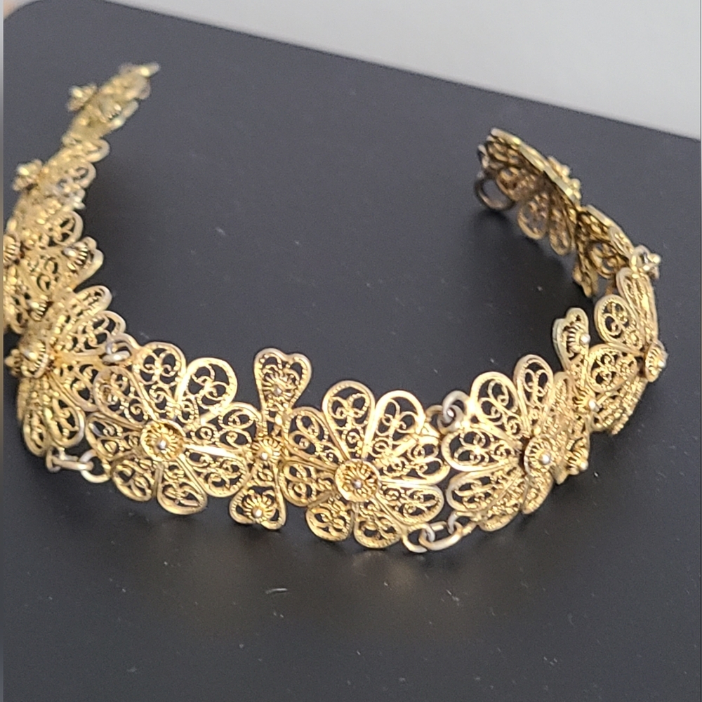 Vintage Antique Filigree Gold Plated Sterling Silver Flower Chain Bracelet